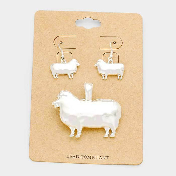 Sheep Pendant Earrings SET Plain Metal SILVER 1.5"L Farm Animal Country Magnetic - PalmTreeSky