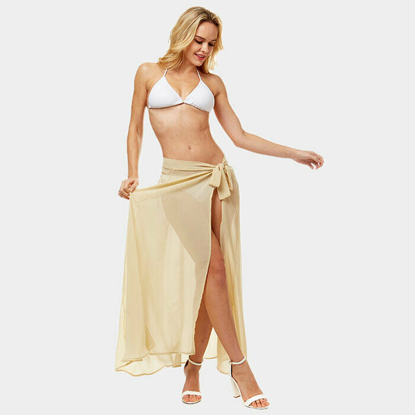 Skirt Wrap Long Sheer Waist Band Sarong Skirt Bikini Beach Cover Up Solid BEIGE - PalmTreeSky