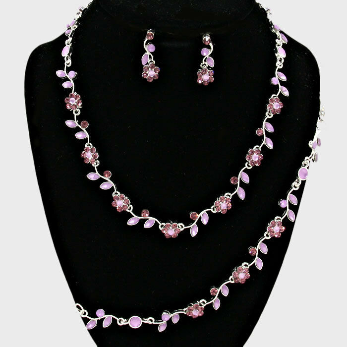 Rhinestone Necklace Flower Ivy Leaf Petal 3 piece Set Dress Evening SILVER PURP - PalmTreeSky