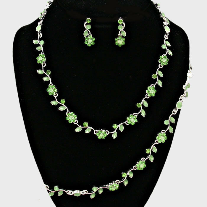 Rhinestone Necklace Flower Ivy Leaf Petal 3 piece Set Dress Evening SILVER GREEN - PalmTreeSky