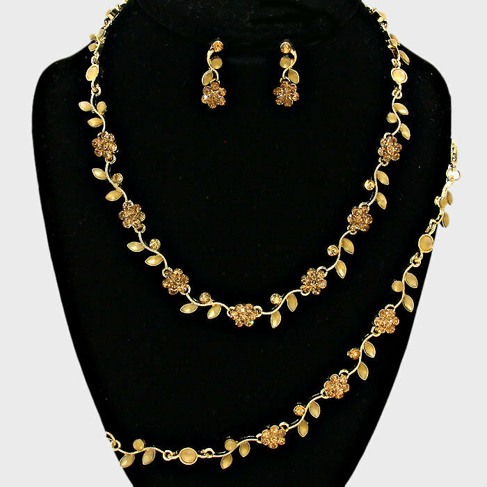 Rhinestone Necklace Flower Ivy Leaf Petal 3 piece Set Dress Evening GOLD BROWN - PalmTreeSky