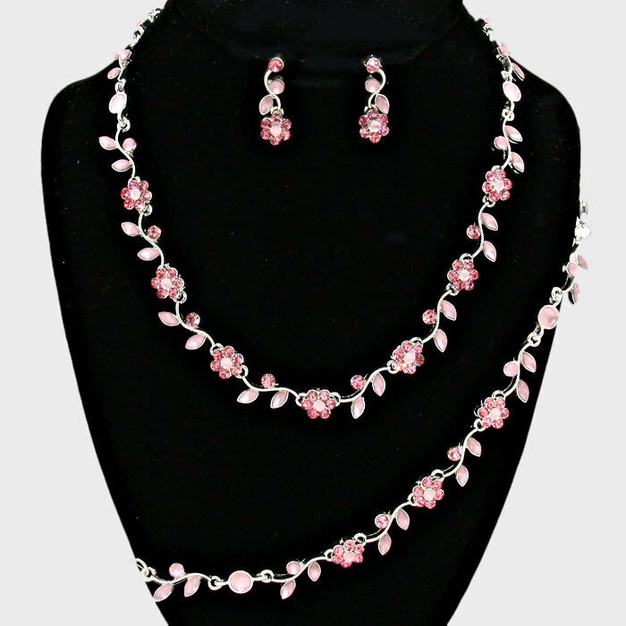 Rhinestone Necklace Flower Ivy Leaf Petal 3 piece Set Dress Evening SILVER PINK - PalmTreeSky