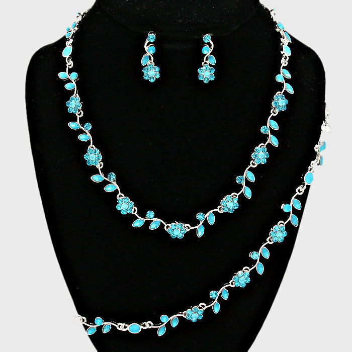 Rhinestone Necklace Flower Ivy Leaf Petal 3 piece Set Dress Evening SILVER AQUA - PalmTreeSky