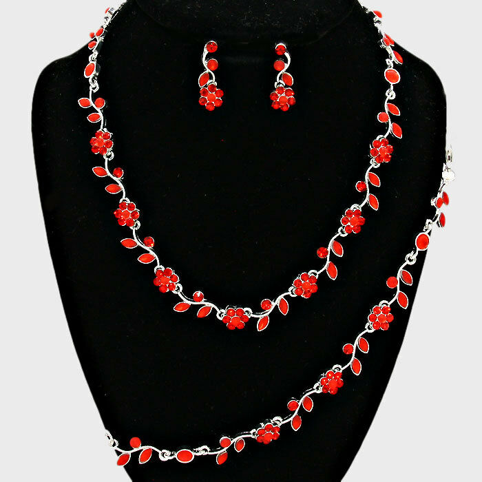 Rhinestone Necklace Flower Ivy Leaf Petal 3 piece Set Dress Evening SILVER RED - PalmTreeSky