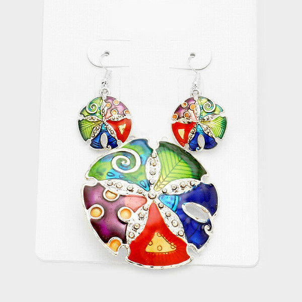 Sand Dollar Pendant Earrings SET Beach Life Starfish Surf SILVER MULTI Enamel 2" - PalmTreeSky