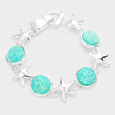 Sea Glass Bracelet Magnetic Closure Starfish Filigree Jewelry SILVER TURQ - PalmTreeSky
