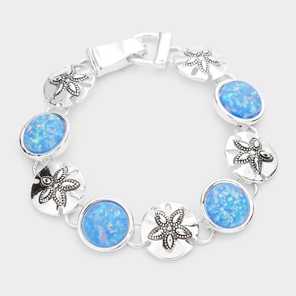 Sea Glass Bracelet Magnetic Closure Sand Dollar Filigree Jewelry SILVER BLUE - PalmTreeSky