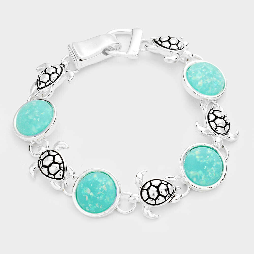 Sea Glass Bracelet Magnetic Closure Turtle Shell Filigree Jewelry SILVER TURQ - PalmTreeSky