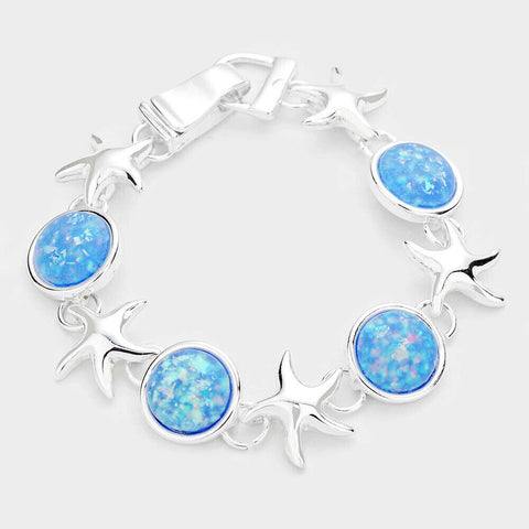 Sea Glass Bracelet Magnetic Closure Starfish Filigree Jewelry SILVER BLUE - PalmTreeSky