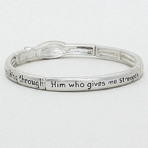 Philippians 4:13 Bracelet Prayer SILVER Cross Faith Stretch Bangle Bible Verse - PalmTreeSky