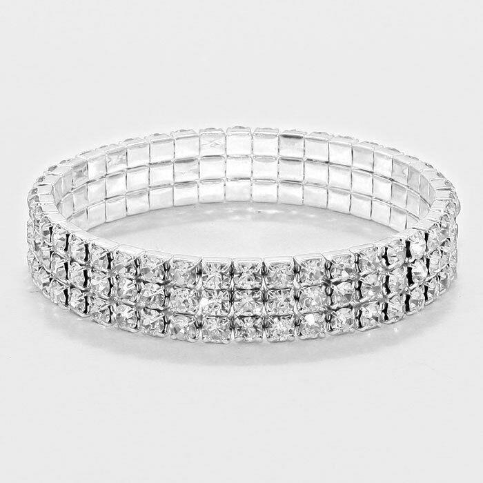 Rhinestone Bracelet 3 Row Wide Stretch Bangle Crystal Pave Wedding Bride SILVER - PalmTreeSky