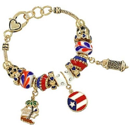 Puerto Rico Charm Bracelet Beaded GOLD BLUE RED Flag Palm Tree Theme Jewelry - PalmTreeSky