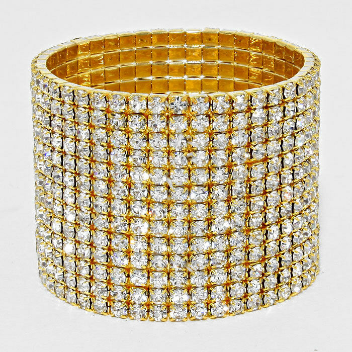 Rhinestone Bracelet 13 Row Wide Stretch Bangle Crystal Pave Wedding Bride GOLD - PalmTreeSky
