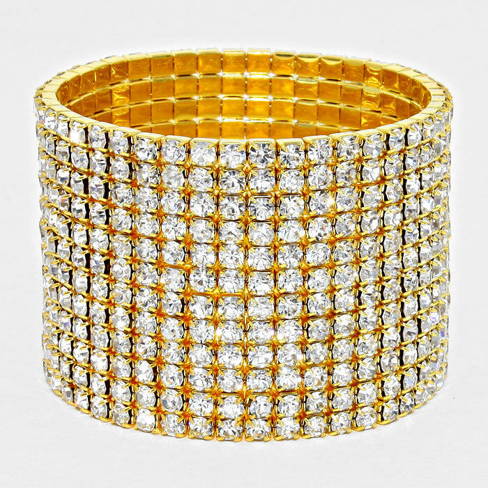 Rhinestone Bracelet 12 Row Wide Stretch Bangle Crystal Pave Wedding Bride GOLD - PalmTreeSky