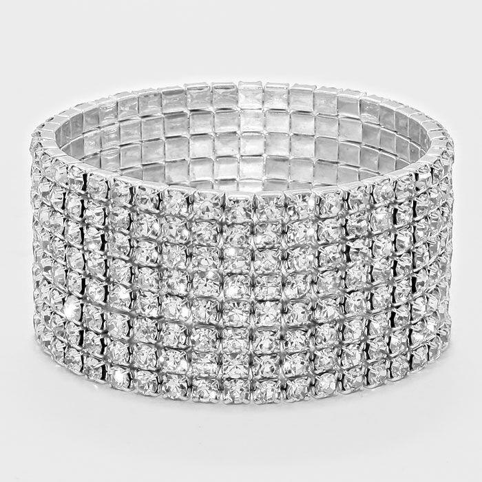 Rhinestone Bracelet 8 Row Wide Stretch Bangle Crystal Pave Wedding Bride SILVER - PalmTreeSky