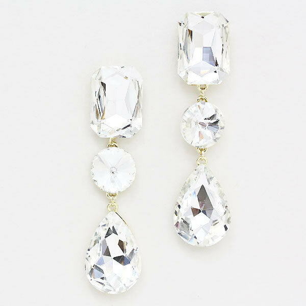 Rhinestone Earrings Long Shaped Teardrop Crystal GOLD 3"Drop Wedding Evening - PalmTreeSky