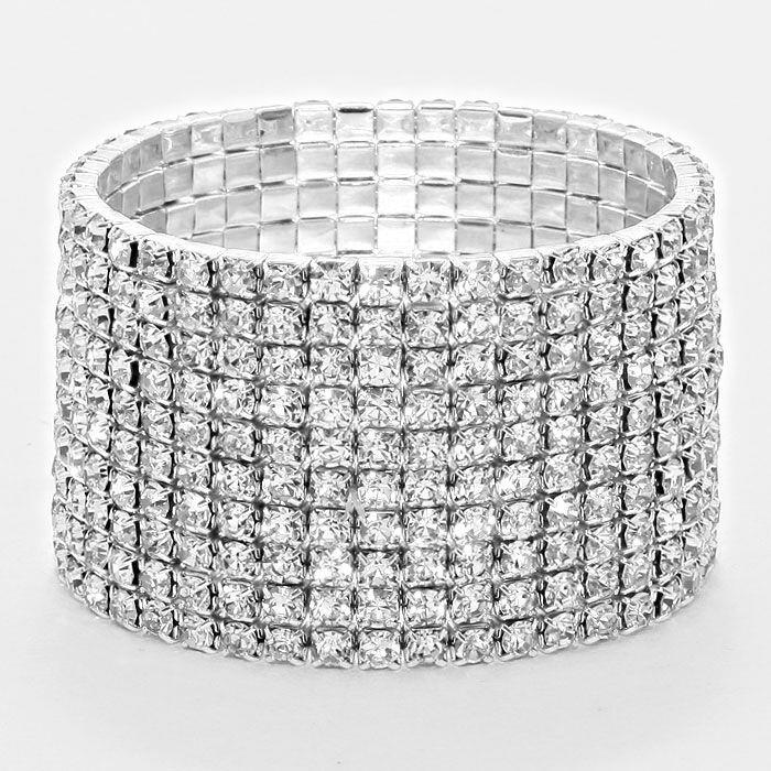 Rhinestone Bracelet 10 Row Wide Stretch Bangle Crystal Pave Wedding Bride SILVER - PalmTreeSky