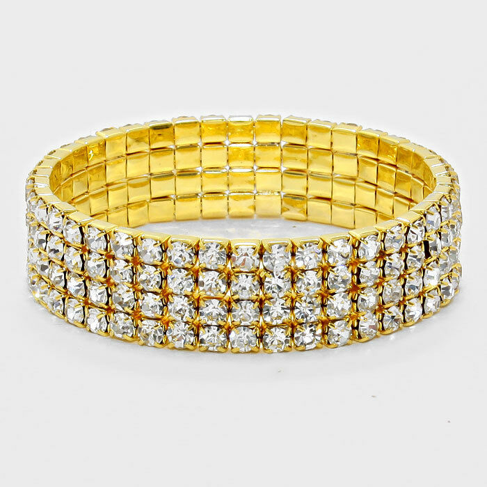 Rhinestone Bracelet 4 Row Wide Stretch Bangle Crystal Pave Wedding Bride GOLD - PalmTreeSky
