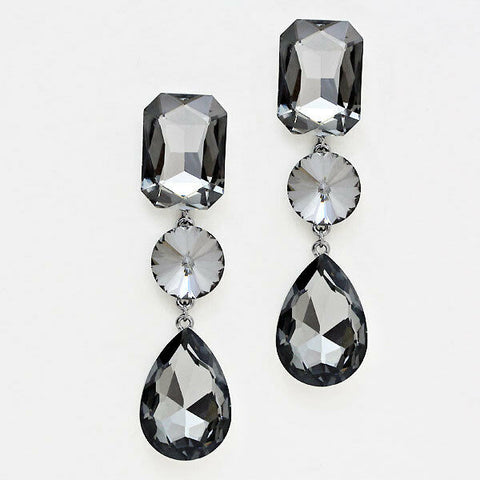 Rhinestone Earrings Long Shaped Teardrop Crystal HEMATITE 3"Drop Wedding Evening - PalmTreeSky