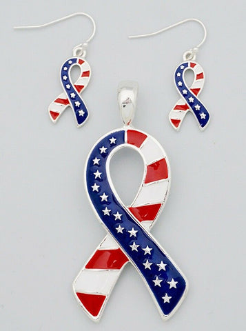 Ribbon Pendant Earrings American Flag Patriotic USA Awareness RED WHITE BLUE - PalmTreeSky
