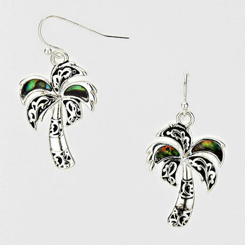 Palm Tree Earrings Beach SeaLife 1.5" Drop SILVER ABALONE SHELL Surf Jewelry - PalmTreeSky