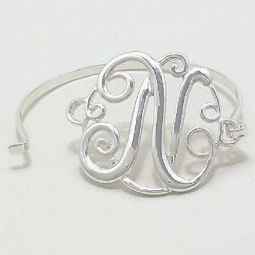 Monogram Initial Bangle Bracelet SILVER 1.75"Letter N Hinge Bangle Metal Jewelry - PalmTreeSky