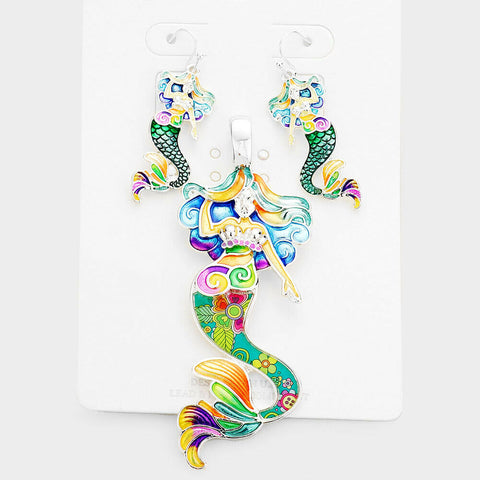 Mermaid Pendant SET Earrings Enamel Floral Paisley Floral Swim SILVER Jewelry - PalmTreeSky