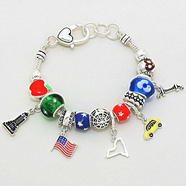 NYC Bracelet Charm Sliding Beads Taxi State Statue of Liberty SILVR Flag Jewelry - PalmTreeSky