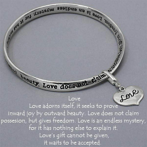 Love Heart Charm Bangle Bracelet SILVER Inspirational Quote Message Jewelry - PalmTreeSky