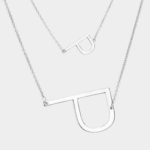 Initial Necklace Small Large Side Letter P Layered Monogram 2 Necklaces SILVER - PalmTreeSky