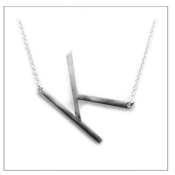 Initial Necklace Side Letter K Thin Large Monogram 1.75" Personalized SILVER - PalmTreeSky