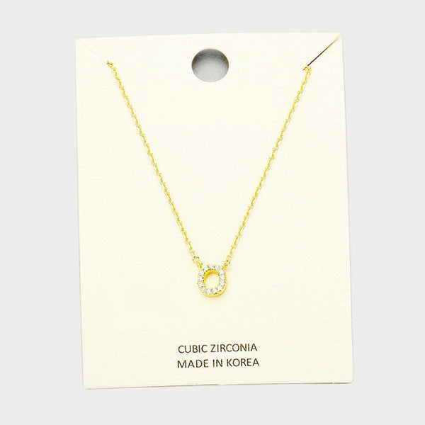 Initial Necklace Tiny CZ Cubic Zirconia .2" Monogram Letter O Rhinestone GOLD - PalmTreeSky