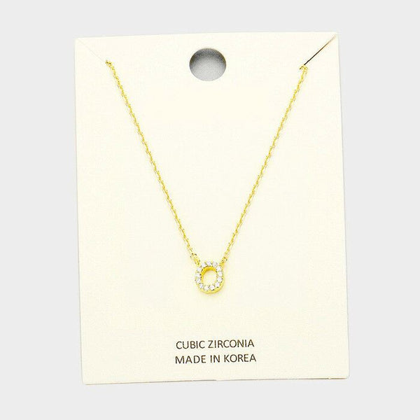 Initial Necklace Tiny CZ Cubic Zirconia .2" Monogram Letter O Rhinestone GOLD - PalmTreeSky