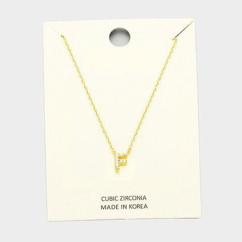 Initial Necklace Tiny CZ Cubic Zirconia .2" Monogram Letter F Rhinestone GOLD - PalmTreeSky