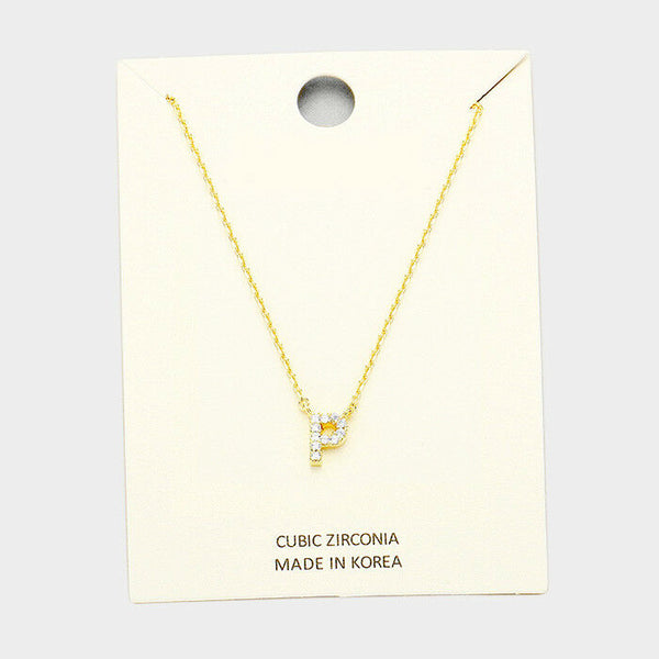 Initial Necklace Tiny CZ Cubic Zirconia .2" Monogram Letter P Rhinestone GOLD - PalmTreeSky