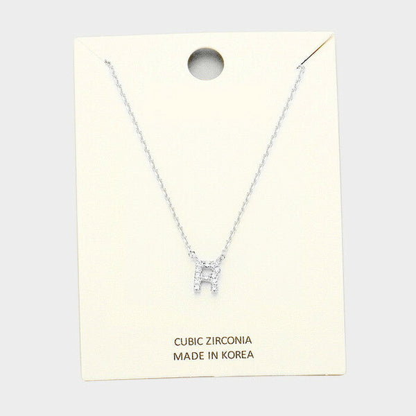 Initial Necklace Tiny CZ Cubic Zirconia .2" Monogram Letter R Rhinestone SILVER - PalmTreeSky