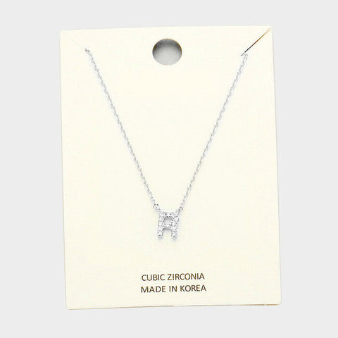 Initial Necklace Tiny CZ Cubic Zirconia .2" Monogram Letter R Rhinestone SILVER - PalmTreeSky