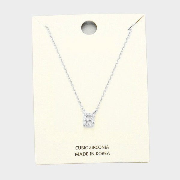 Initial Necklace Tiny CZ Cubic Zirconia .2" Monogram Letter B Rhinestone SILVER - PalmTreeSky