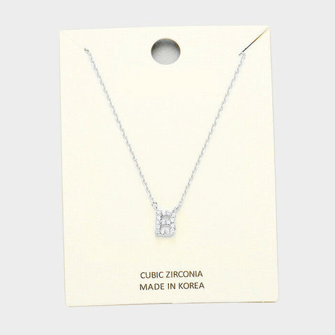 Initial Necklace Tiny CZ Cubic Zirconia .2" Monogram Letter B Rhinestone SILVER - PalmTreeSky