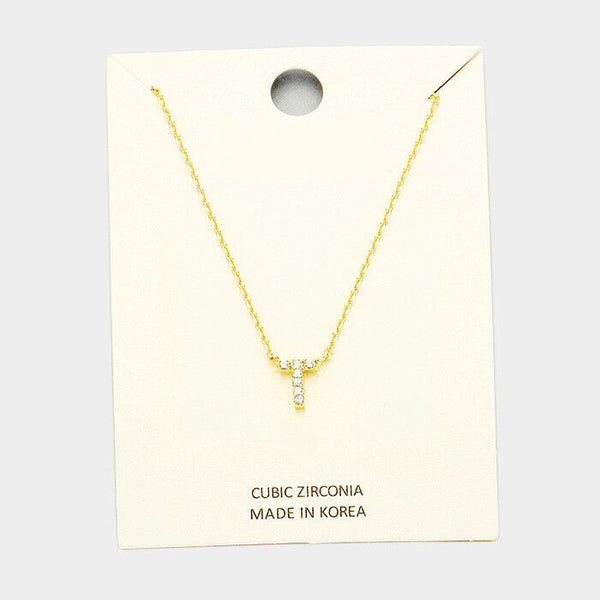 Initial Necklace Tiny CZ Cubic Zirconia .2" Monogram Letter T Rhinestone GOLD - PalmTreeSky