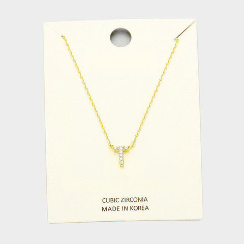 Initial Necklace Tiny CZ Cubic Zirconia .2" Monogram Letter T Rhinestone GOLD - PalmTreeSky