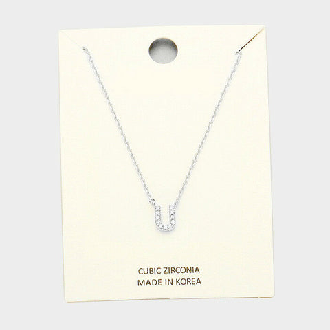 Initial Necklace Tiny CZ Cubic Zirconia .2" Monogram Letter U Rhinestone SILVER - PalmTreeSky