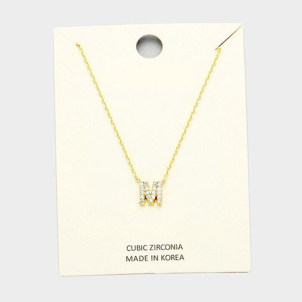 Initial Necklace Tiny CZ Cubic Zirconia .2" Monogram Letter M Rhinestone GOLD - PalmTreeSky