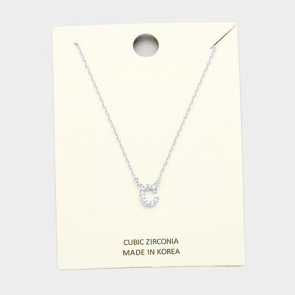 Initial Necklace Tiny CZ Cubic Zirconia .2" Monogram Letter C Rhinestone SILVER - PalmTreeSky