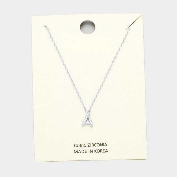 Initial Necklace Tiny CZ Cubic Zirconia .2" Monogram Letter A Rhinestone SILVER - PalmTreeSky