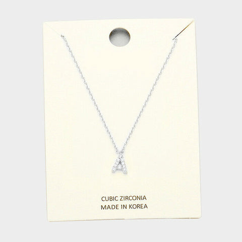 Initial Necklace Tiny CZ Cubic Zirconia .2" Monogram Letter A Rhinestone SILVER - PalmTreeSky