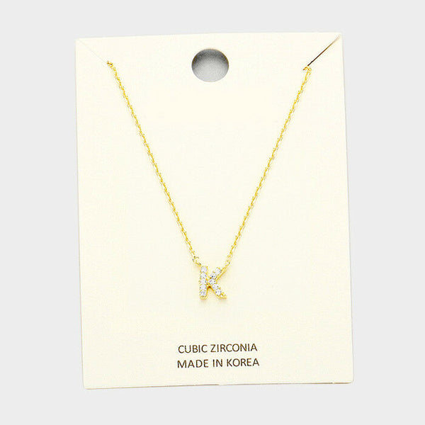 Initial Necklace Tiny CZ Cubic Zirconia .2" Monogram Letter K Rhinestone GOLD - PalmTreeSky