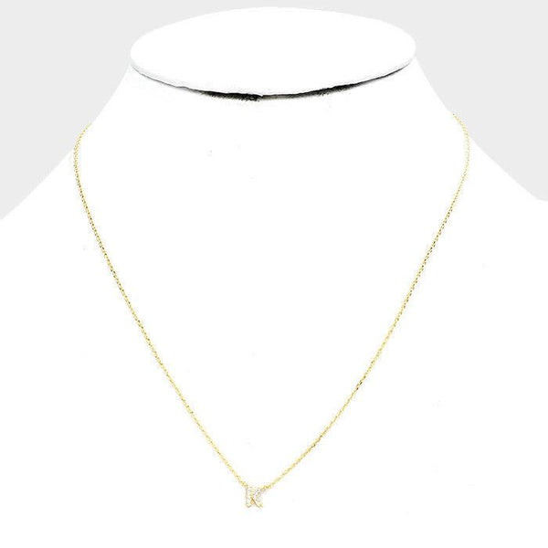 Initial Necklace Tiny CZ Cubic Zirconia .2" Monogram Letter K Rhinestone GOLD - PalmTreeSky