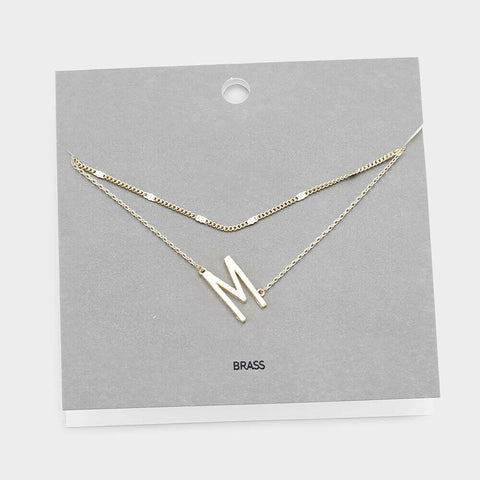 Initial Necklace Layered Chain Sideways Pendant Side Letter M Monogram GOLD - PalmTreeSky