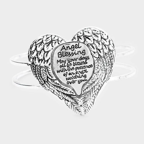 Heart Angel Wings Bracelet ANGEL BLESSING Message Hinge Bangle SILVER Jewelry - PalmTreeSky